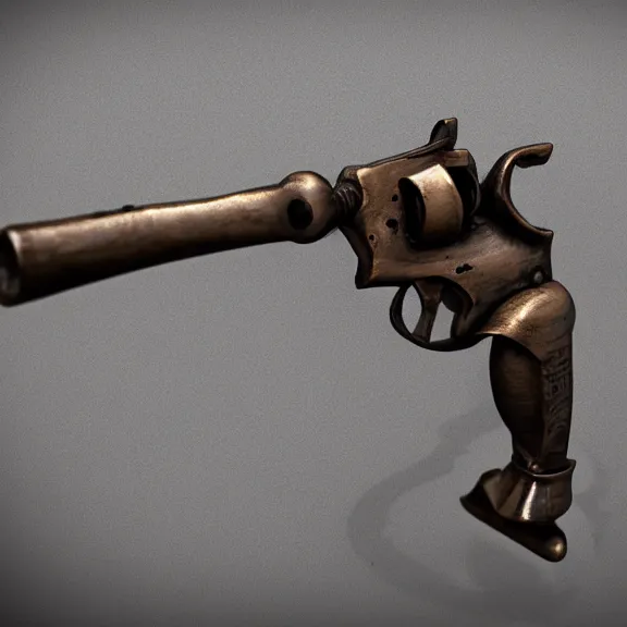 Image similar to a 4 k photorealistic photo medium shot of a bronze statue of a revolver gun.