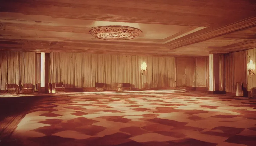 Image similar to 70s movie still of a ballroom with ceiling made of stairs , cinestill 800t Technicolor, heavy grain, high quality, criterion collection, liminal space style