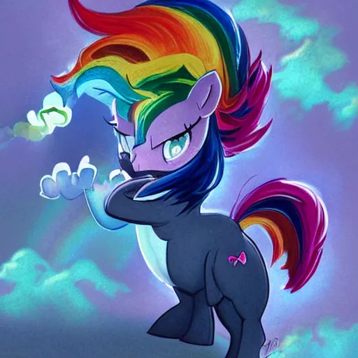Image similar to portrait of a menacing beautiful Rainbow Dash, short muzzle, pegasus pony mare, top half of body, My Little Pony, by Stanley Artgerm Lau , greg rutkowski, thomas kindkade, alphonse mucha, loish, norman rockwell, J. C. Leyendecker. bright rainbow mane, pastel blue fur, angry complexion, beautiful detailed eyes, black rose frame. D&D, fantasy. Trending on artstation rule of thirds extremely detailed old illustration hd 4k
