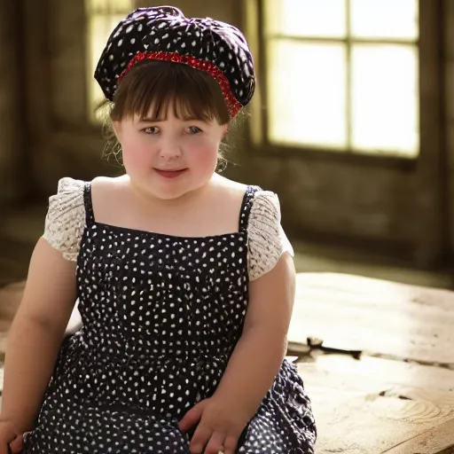 Image similar to charming and chubby girl, wearing a polka dot dress and a victorian - style hairdo on her head, sits in the large and bright studio. sunlight enters through the barred window. very realistic shiny skin. subsurface scattering shiny skin. beautiful lighting, 4 k post - processing, highly detailed, 5 k extremely detailed, 3 d. cinematic scene.