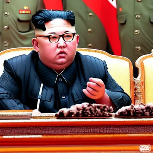 Image similar to kim jong un smoking weed joint in the middle of a war, realistic