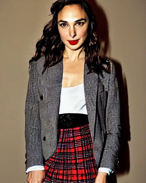 Prompt: Gal Gadot wearing a Lindsay Plaid Skirt, photographed in the style of Mario Testino