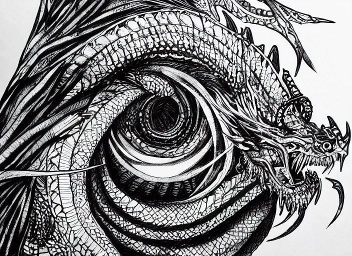 Prompt: black micron pen illustration, dragon steam punk, clean lines, really clear, crisp detail, fine pen, artstation, Olivia Kemp, julia Hill