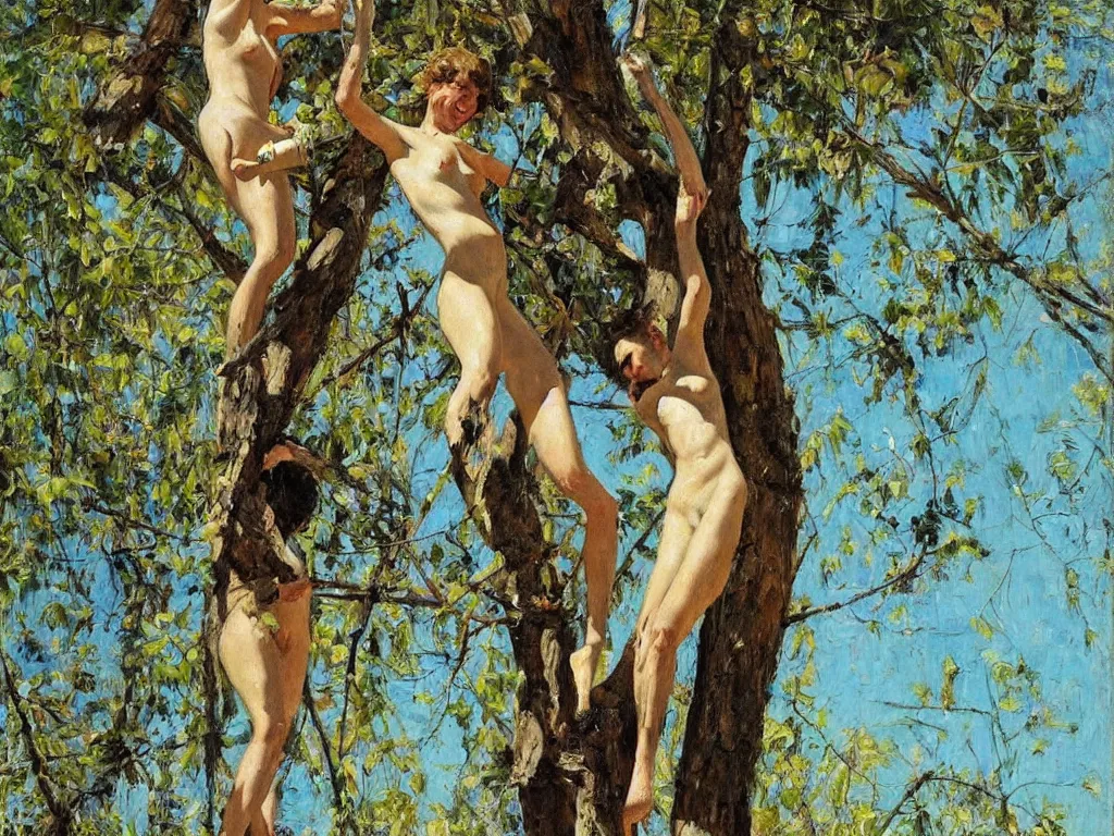 Image similar to tall woman climbing a tree, 1 9 6 0, denis sarazhin, oil on canvas