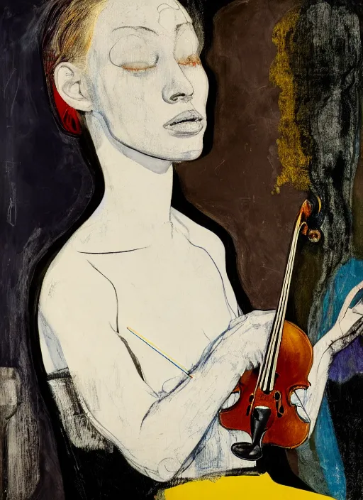 Image similar to violinist thinking of her performance sitting on a stool in a landscape by vincent lefevre and hernan bas and pat steir and hilma af klint, psychological, photorealistic, symmetrical face, dripping paint, washy brush, threads, rendered in octane, altermodern, masterpiece