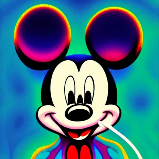 Image similar to an extremely psychedelic portrait of mickey mouse, surreal, lsd, face, detailed, intricate, elegant, lithe, highly detailed, digital painting, artstation, concept art, smooth, sharp focus, illustration