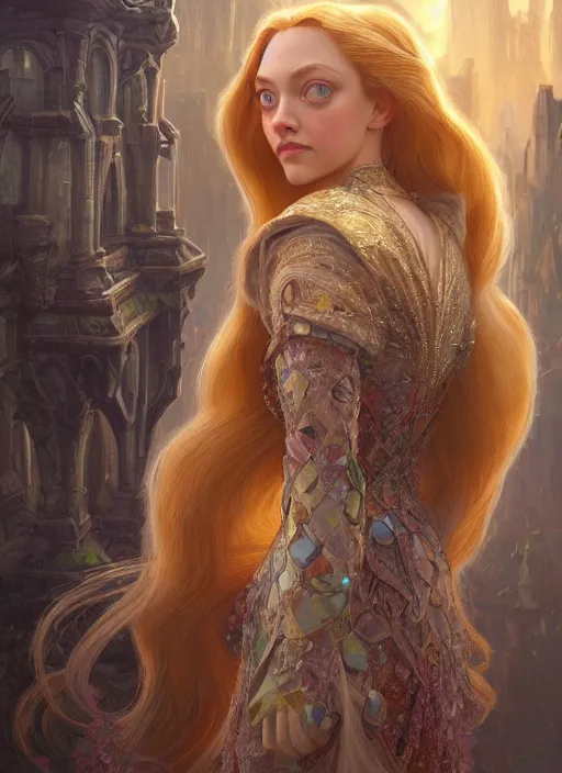 Image similar to amanda seyfried as the rapunzel princess, d & d, fantasy, intricate, elegant, highly detailed, digital painting, artstation, concept art, matte, sharp focus, illustration, art by artgerm and greg rutkowski and alphonse mucha, masterpiece, stunning, artstation