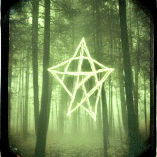 Prompt: glowing pentagram in a forest clearing at night, old polaroid, expired film, blurry, lost footage, found footage, creepy,