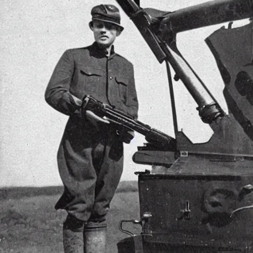 Image similar to old wartime photograph of elon musk holding a lewis gun, 1 9 1 7