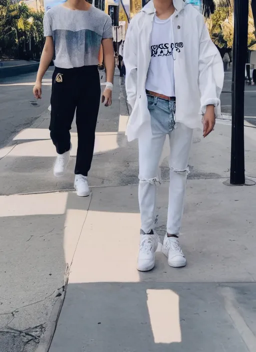 Prompt: photo of PARK JIMIN walking in LA with his boyfriend YOONGI