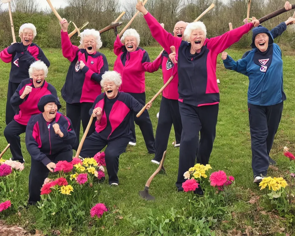 Prompt: a gang of old ladies waving axes, and flowers, and wearing Umbro track suits laughing maniacally and screaming