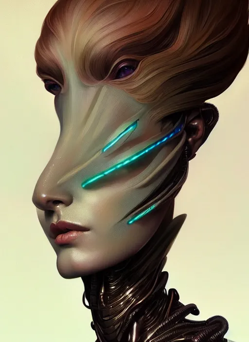 Image similar to a full body fashion photography of alien female girl, intricate, elegant, clearly visible face, highly detailed, digital painting, artstation, concept art, smooth, sharp focus, illustration, art by artgerm and greg rutkowski and alphonse mucha, 8 k