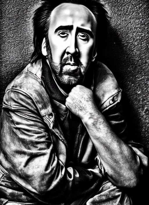 Image similar to Homeless portrait Nicolas Cage in scrappy clothing, HD, award winning photograph