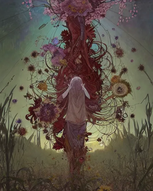 Prompt: the platonic ideal of flowers, rotting, insects and praying of cletus kasady carnage davinci dementor chtulu mandala ponyo the last of us dinotopia watership down, fantasy, ego death, decay, dmt, psilocybin, concept art by greg rutkowski and simon stalenhag and alphonse mucha