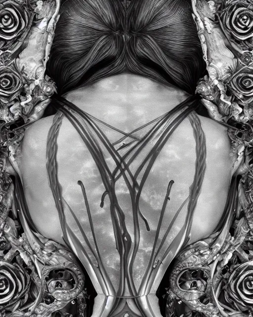 Image similar to mythical dreamy black and white organic bio-mechanical spinal ribbed profile face portrait detail of translucent steampunk beautiful siamese sisters females angelic-human-queen-vegetal-cyborg, highly detailed, intricate trnaslucent ivy jelly ornate, poetic, translucent roses ornate, 3D render, digital art, octane render, 8K artistic photography, photo-realistic, by Dora Maar