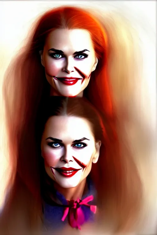 Image similar to mix of beautiful young maria shriver, mariel hemmingway, brooke shields, nicole kidman and elle macpherson as a vampire showing vampire teeth, ready to bite, thin lips, hair tied up in a pony tail, dark blonde hair, colorful, deviantart, artstation, cgsociety