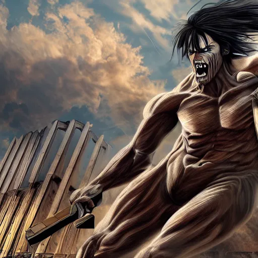 Large Titan from attack on Titan attacking the | Stable Diffusion | OpenArt