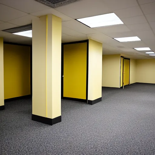 Prompt: Backrooms, where it's nothing but the stink of old moist carpet, the madness of mono-yellow, the endless background noise of fluorescent lights at maximum hum-buzz, and approximately six hundred million square miles of randomly segmented empty rooms to be trapped in