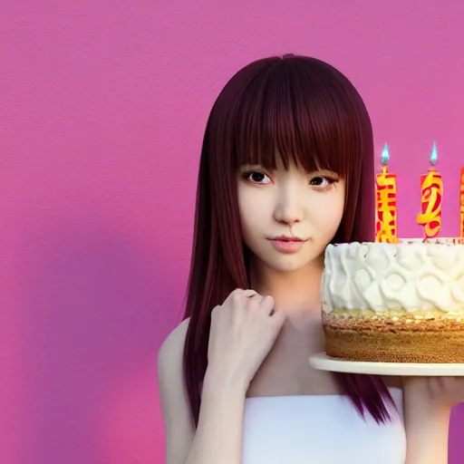 Prompt: Render of a beautiful 3d anime woman holding a birthday cake out to the camera, long light pink hair, full bangs, hazel eyes, cute freckles, full round face, soft smile, Chinese heritage, cute checkerboard sundress, golden hour, serene beach setting, medium shot, mid-shot, hyperdetailed, trending on Artstation, Unreal Engine 4k