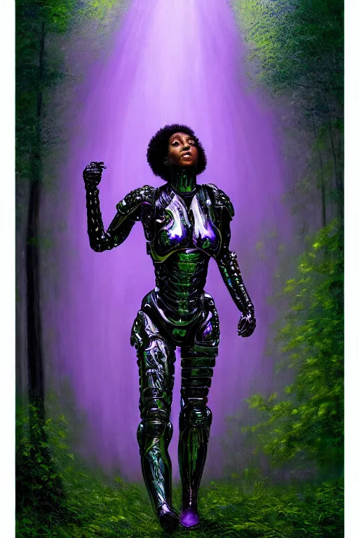 Prompt: hyperrealistic post - raphaelite super expressive! black woman with exoskeleton armor, merging with tree in a forest, highly detailed digital art masterpiece smooth cam de leon eric zener dramatic pearlescent green purple light ground angle hd 8 k sharp focus