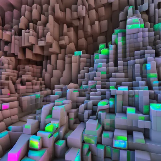 Image similar to canyon made from voxels, microcubes, made of translucent opal, pastel colors, substance painter 3D, 8K VFX render