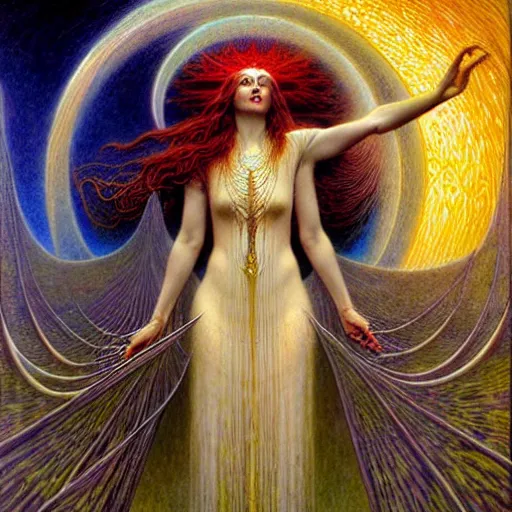 Prompt: Celestial Witch by Jean Delville and Karol Bak