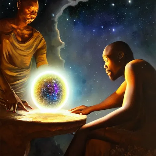 Image similar to an african psychic reading his crystal ball under a meteor shower, greg rutkowski and android jones and amanda sage, oil on canvas, 8k