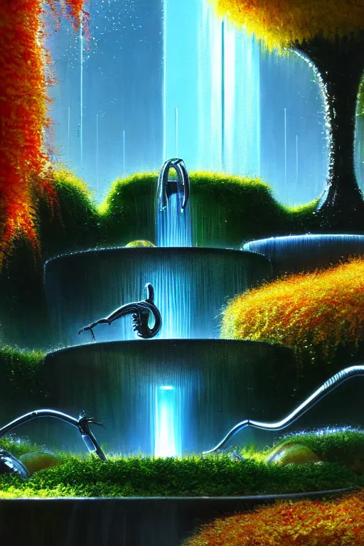 Image similar to futuristic garden glowing in autumn, marble fountains, small waterfalls, ecosystem, electronic bumblebees, 1 9 8 0 s science fiction, 1 9 7 0 s science fiction, alien 1 9 7 9, cyberpunk, 3 d oil painting, depth perception, 4 k, artstation