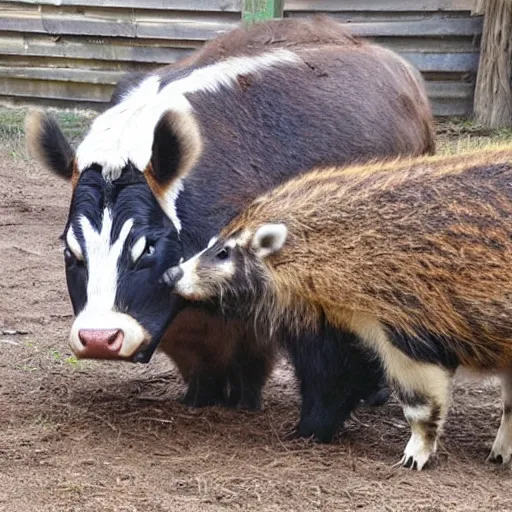 Prompt: cow bullying a raccoon