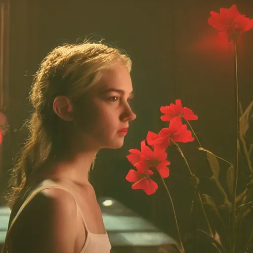 Image similar to movie still of the girl with the flowers head, cinematic composition, cinematic light, dream effect, dream atmosphere, by edgar wright and david lynch,