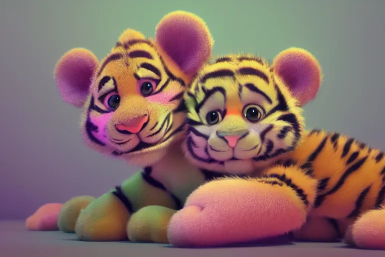 Prompt: a cute baby tiger cub, soft fur texture, pastel colours, colorful, glitter crystal, cute, pixar animation style, detailed, soft light, octane render, 4 k