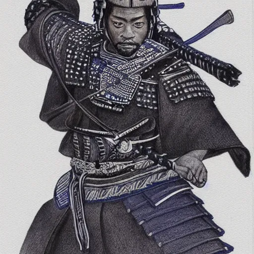 Image similar to oscar ukonu, beautiful samurai made with blue african ball point pen