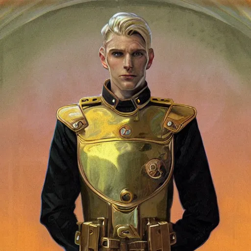 Prompt: portrait of uncannily beautiful blonde man, genetically perfect, with distant expression and piercing blue eyes, wearing fascist Byzantine police uniform and standing in ancient bronze arcology airlock, science fiction concept art by Anato Finnstark, Alphonse Mucha, and Greg Rutkowski