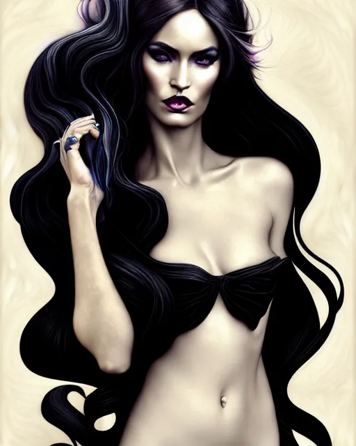 Prompt: new art nouveau portrait of fantasy succubus megan fox wearing a black gown in the style of anna dittmann, patrick nagle, charlie bowater and loish. long windblown hair, very large, clear, expressive, and intelligent eyes. symmetrical, centered, ultrasharp focus, dramatic lighting, photorealistic digital matte painting, intricate ultra detailed background.