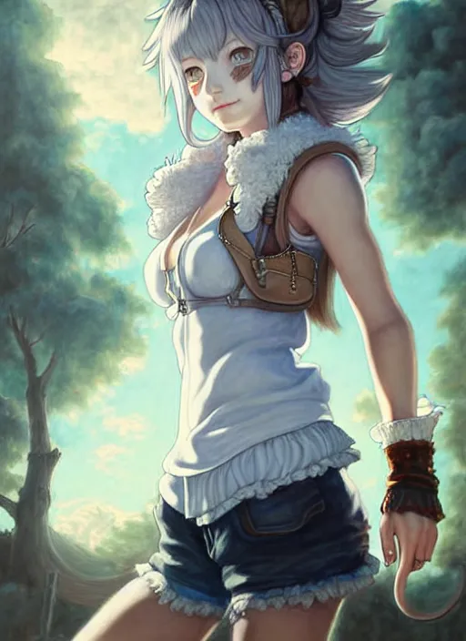 Image similar to a portrait of catgirl wearing white vest, and denim shorts an ultrafine detailed painting, detailed painting, boris valejo. octopath traveler