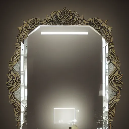 Prompt: a mirror but in the reflection is a fantasy world, dynamic lighting, photorealistic, ambient lighting, atmospherical, stunning visuals, creative, cinematic, trending on art station