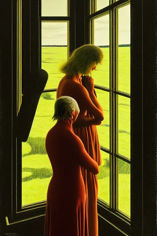 Image similar to woman and woman, in the void, by the mirror, station, james gillard, zdislav bexinski, high detail alex colville, otto mueller, stephen conroy, andrea kowch, andrew newell wyeth, daniel meidman jussi picho octane rendering