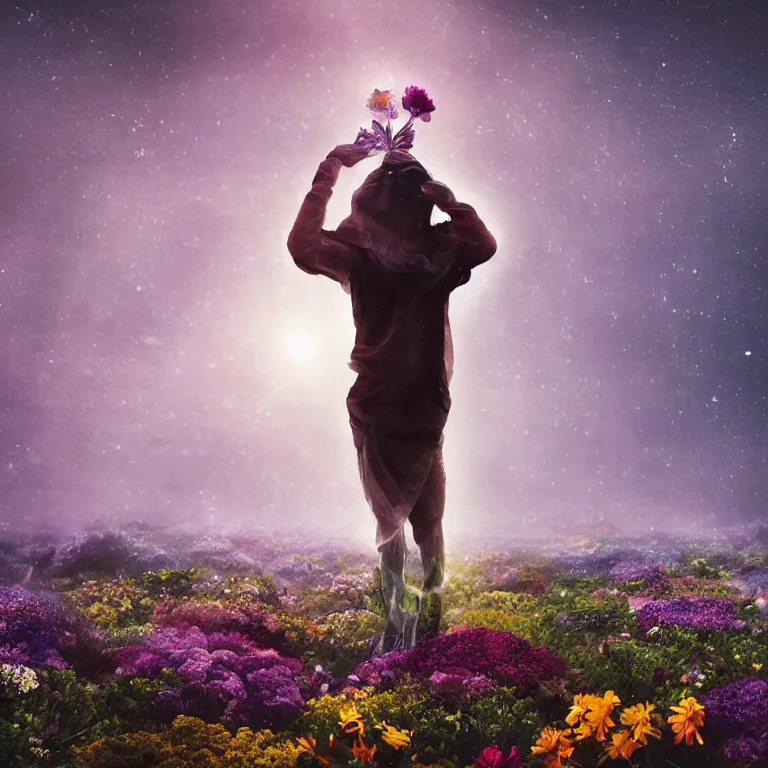 Image similar to a planet of various flowers, fungus and plants, in which the singular human figure is dressed in something magical and impressive, inside the picture is infinity, sunset light, Atmospheric phenomenon, artistic photography, muted colors, conceptual, long exposure outside the city, volumetric light