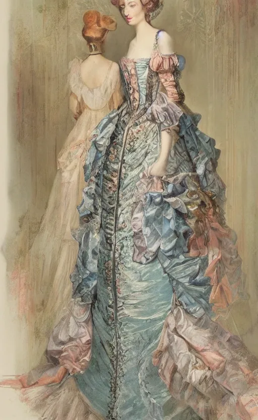 Prompt: a lady with a maximalist imperial long dress made of illustrated houses. soft pastel tones. matte background