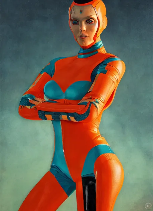 Prompt: symmetry! dynamic pose, closeup portrait of a cyborg racer girl, skintight leather striped racing jumpsuit, cinematic light, backlight, teal orange, by gerald brom, by mikhail vrubel, by peter elson, muted colors, extreme detail, trending on artstation, 8 k