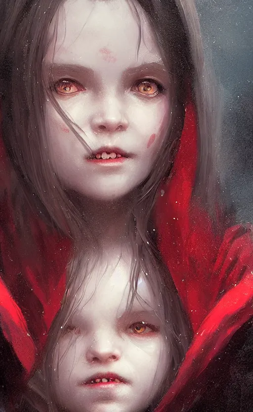 Prompt: Portrait of a small vampire girl wearing a red cloak, detailed face, fantasy, highly detailed, cinematic lighting, digital art painting by greg rutkowski