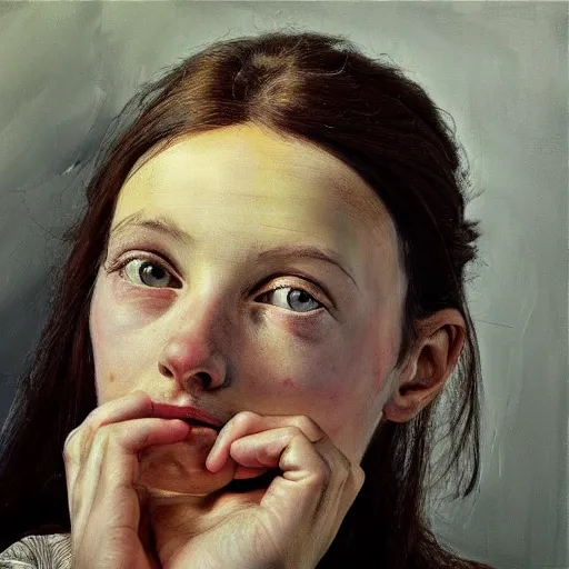 Image similar to high quality high detail painting by lucian freud, hd, girl portrait, photorealistic lighting