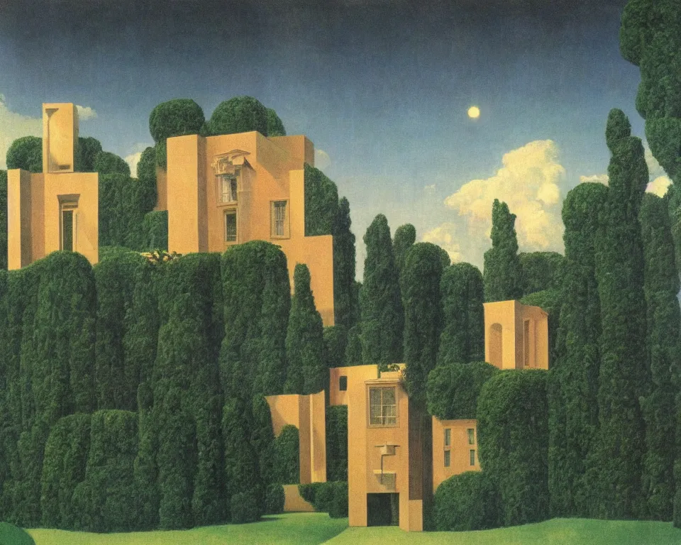 Prompt: an enchanting interstellar villa hidden in the valley time forgot by Rene Magritte and Giovanni Paolo Panini.