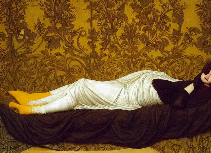 Image similar to portrait of raven reclining on bed wearing yellow ochre ornate medieval dress, foreshortening, framed, preraphaelite colour photography by frederic leighton, william morris, 8 k