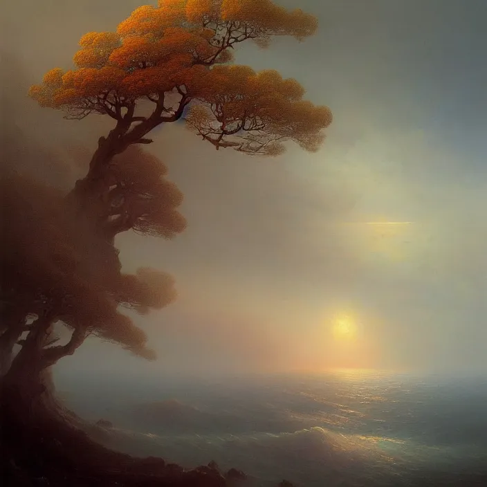 Prompt: A beautiful painting of The World Tree on the Sea by Ivan Aivazovsky and greg rutkowski! and Zdzisław Beksiński!,In style of Impressionism.Highly detailed face.Fantasy,smooth,hyper detailed,sharp focus,Soft light.trending on artstation.oil on canvas