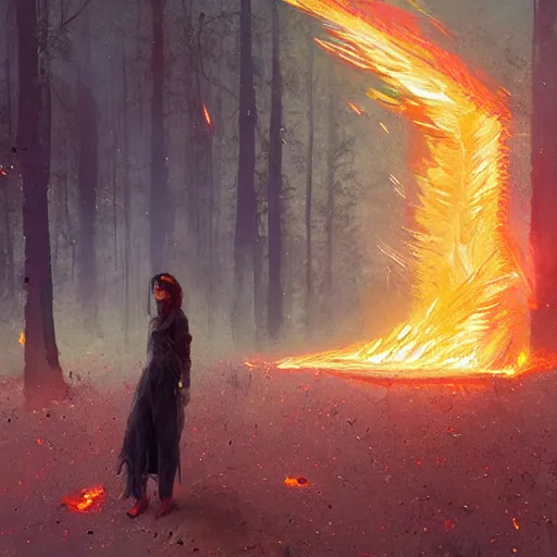 Prompt: she is watching how her digital past is burning with glitched flames made of bits, by greg rutkowski and esao andrews