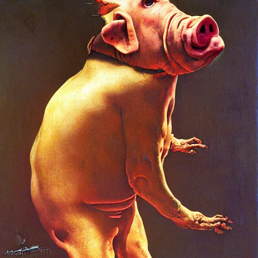 Prompt: a horrifying painting of a gigantic, ominous, floating pig, painted by Norman Rockwell and Beksinski, 4k hd, highly detailed