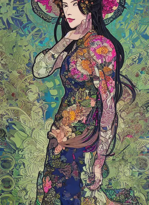 Prompt: !!! very coherent!!! photograph, beautiful floralpunk balinese cyborg portrait girl female photography, detailed patterns art of bali traditional dress, flower pop art, floral splash painting, art by ashley wood, alphonse mucha, makoto shinkai, geof darrow, dark shadow