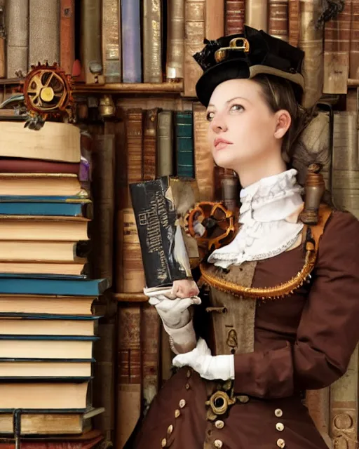 Image similar to a steampunk female maid holding a stack of books, standing in a steampunk reading room, bookshelf.