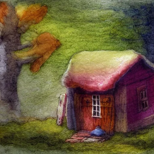 Image similar to small wooden house in the middle of spring forest, bright colours, watercolor, volumetric wool felting, macro photography, children illustration, by michael sowa